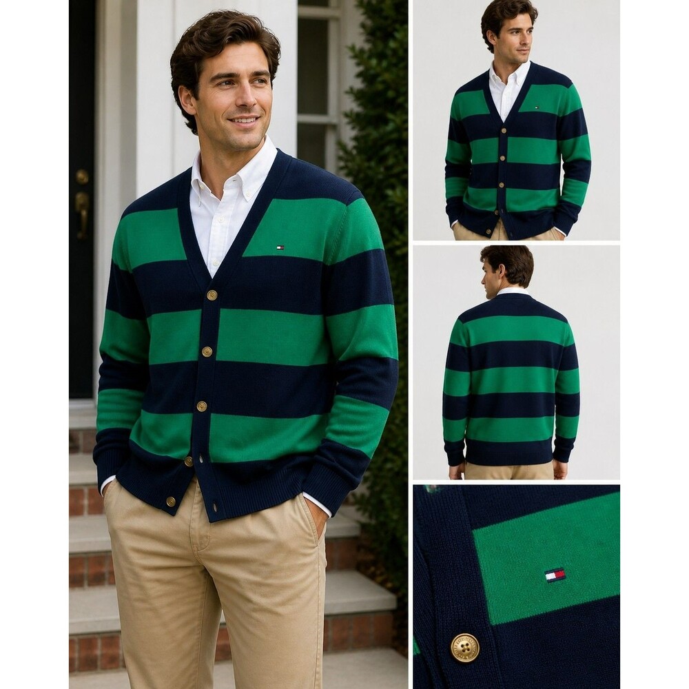 Tommy Hilfiger Men’s XXL Navy Green Rugby Stripe Cardigan Preppy Varsity Button
